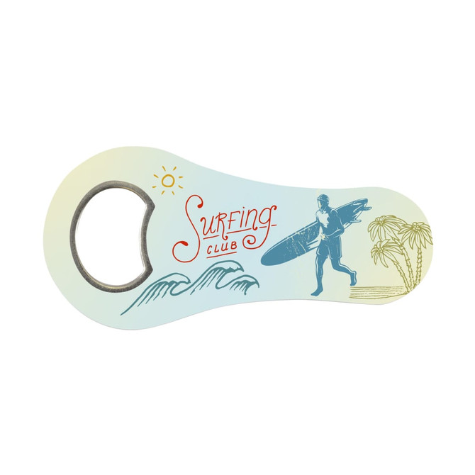 A drink bottle opener featuring a colorful design with "Surfing Club" text, an illustration of a surfer, and palm trees.