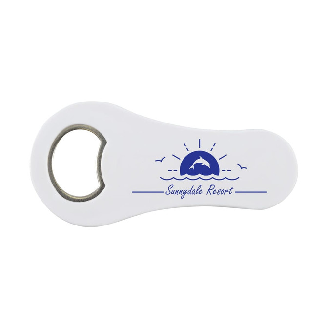 A drink bottle opener with a sleek white design featuring a blue sunset graphic and the text "Sunnydale Resort."