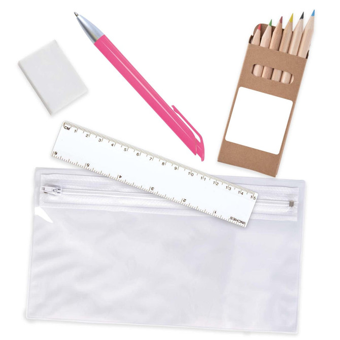 A pencil case containing colored pencils, a pink pen, a ruler, and an eraser.