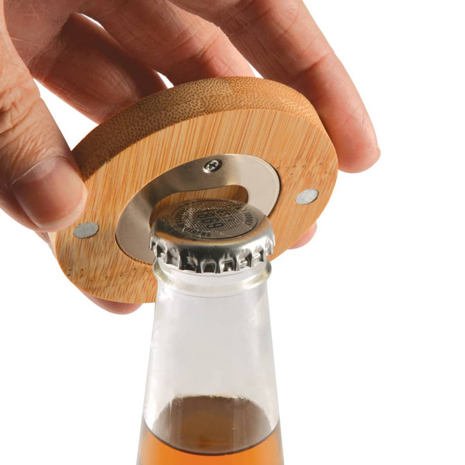 A drink bottle opener made of bamboo, featuring a metallic bottle cap remover, being used on a glass bottle.