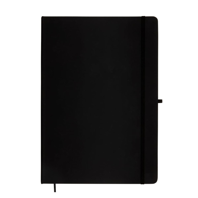 A black Capella A4 Notebook featuring a sleek design, an elastic closure, and a ribbon bookmark.