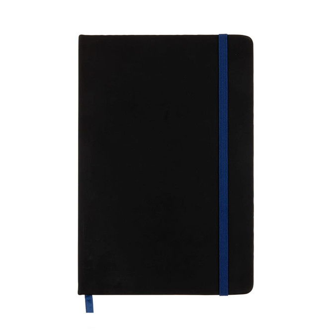 A Venture A5 Notebook featuring a sleek black cover and a blue elastic band closure.