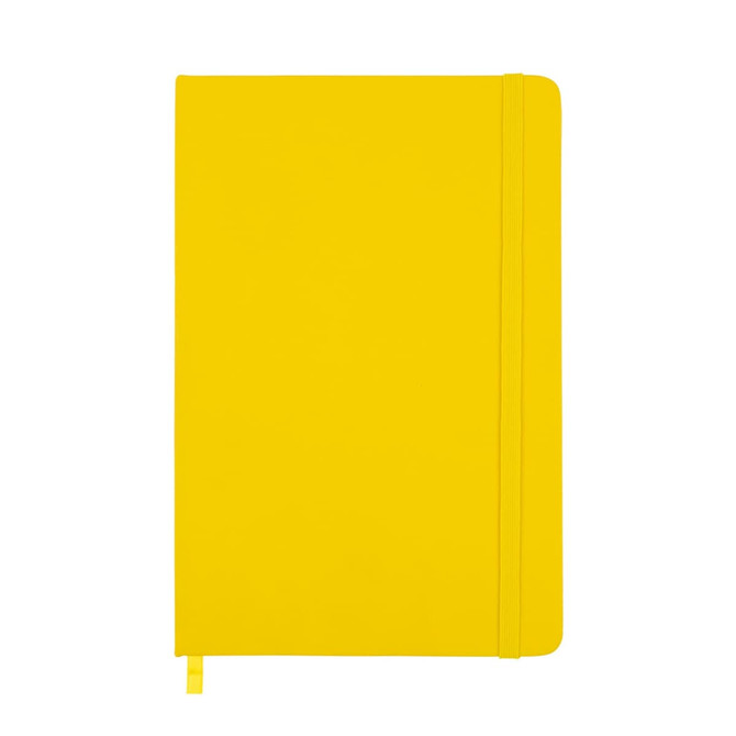 A yellow A5 notebook with a flexible cover and an elastic band closure.
