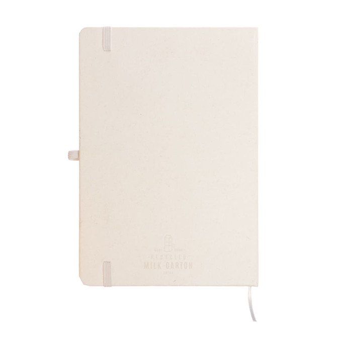 A beige A5 notebook with a logo, featuring elastic closures and a ribbon marker.