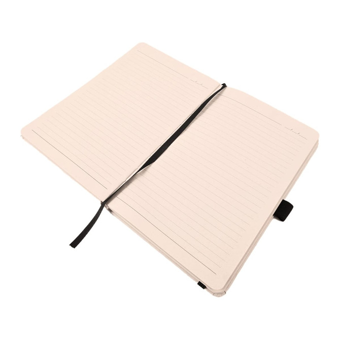 An open Venture Sugarcane A5 Notebook featuring lined pages and a ribbon bookmark.