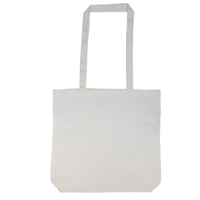 A plain beige tote bag with long handles and no visible branding or text.