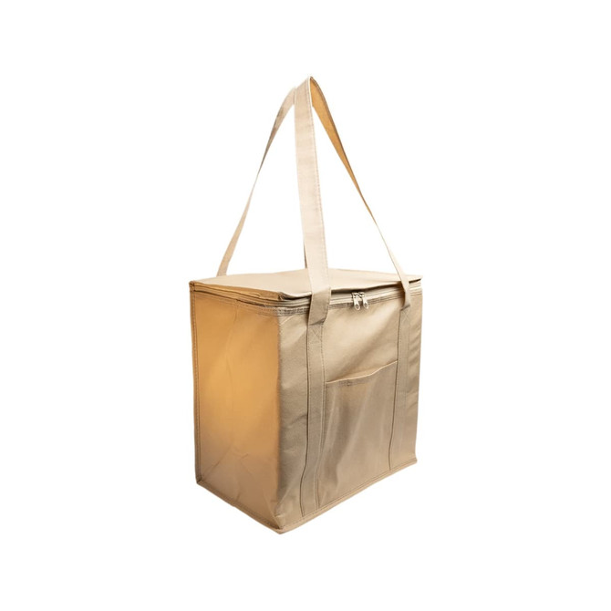 A tan cooler bag with a zippered top and two shoulder straps, featuring a front pocket and a logo.