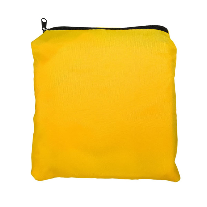 A yellow drawstring backpack with a black zipper and a simple design, featuring a logo.