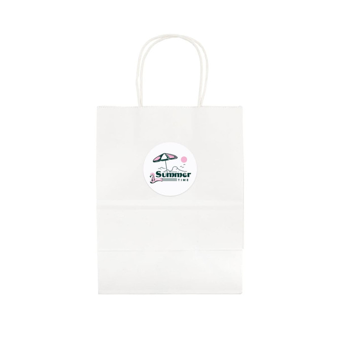 A medium white paper bag with handles and a logo displayed on the front.