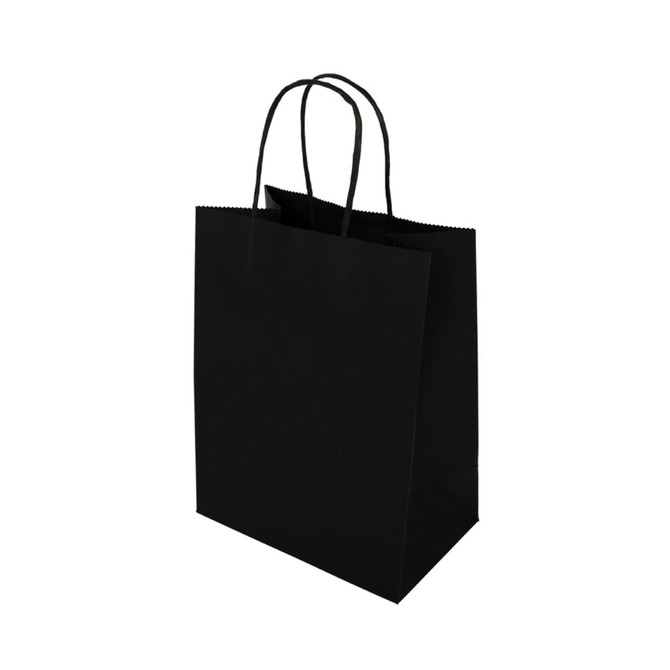 A medium black paper bag with two black handles and a simple, unadorned design.