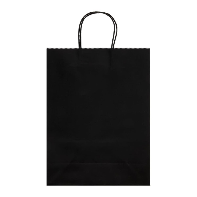 A large black paper bag with two handles and a smooth surface. The bag features a serrated top edge.