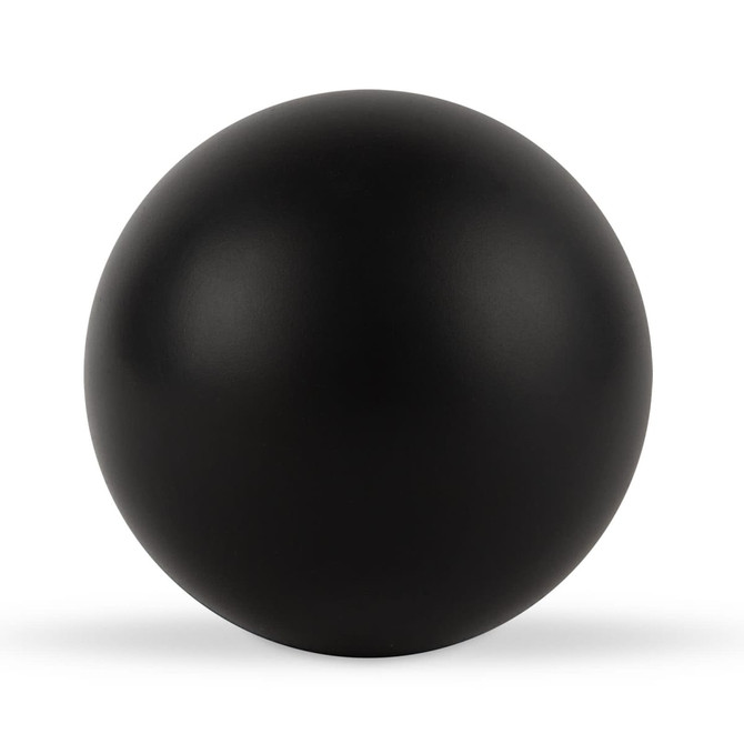 A round black stress ball designed for fun and stress relief, featuring a smooth, matte finish.