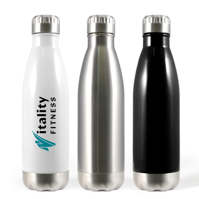 A drink bottle set featuring stainless steel in black, silver, and white with a logo on the white bottle.