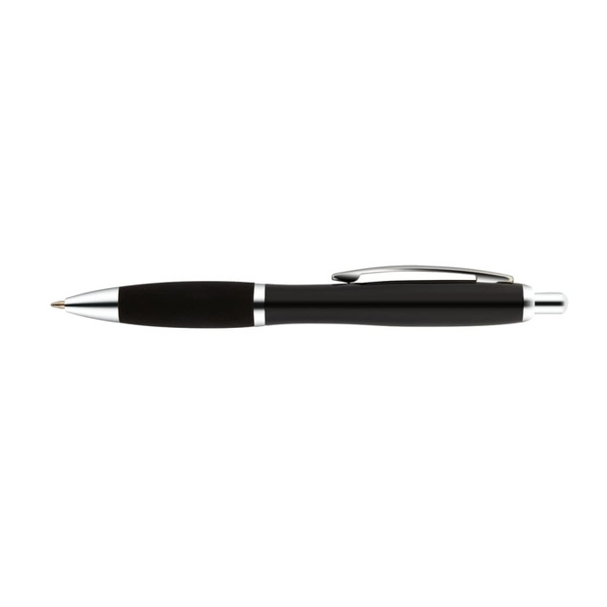 A black metal pen with silver accents and a clip, featuring a sleek design and a logo.