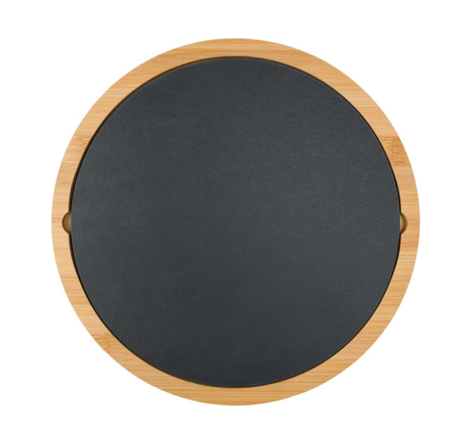A round, grey slate cheese board with a bamboo wooden rim, featuring a smooth surface and natural finish.