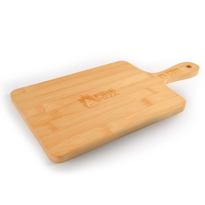 A bamboo serving board with a handle, featuring the engraved text "FIRE PIZZA."