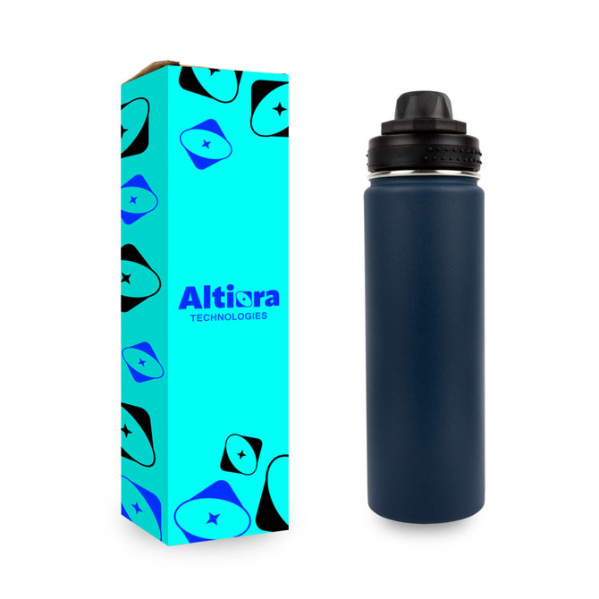 A drink bottle with a matte navy blue finish, featuring a black screw-on lid, packaged in an illustrated box.