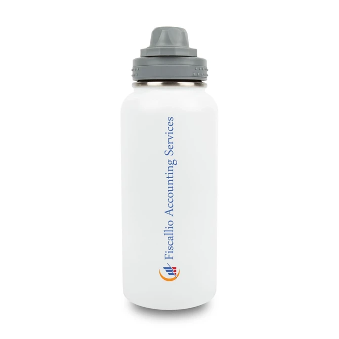 A drink bottle with a white finish, featuring a grey lid and a logo. Suitable for various beverages.