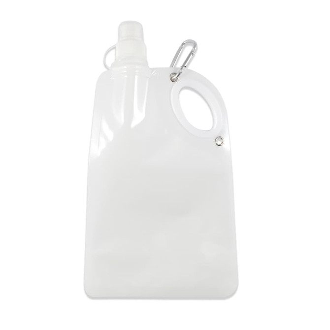 A drink bottle in clear plastic with a carabiner clip and a wide opening for easy filling and carrying.