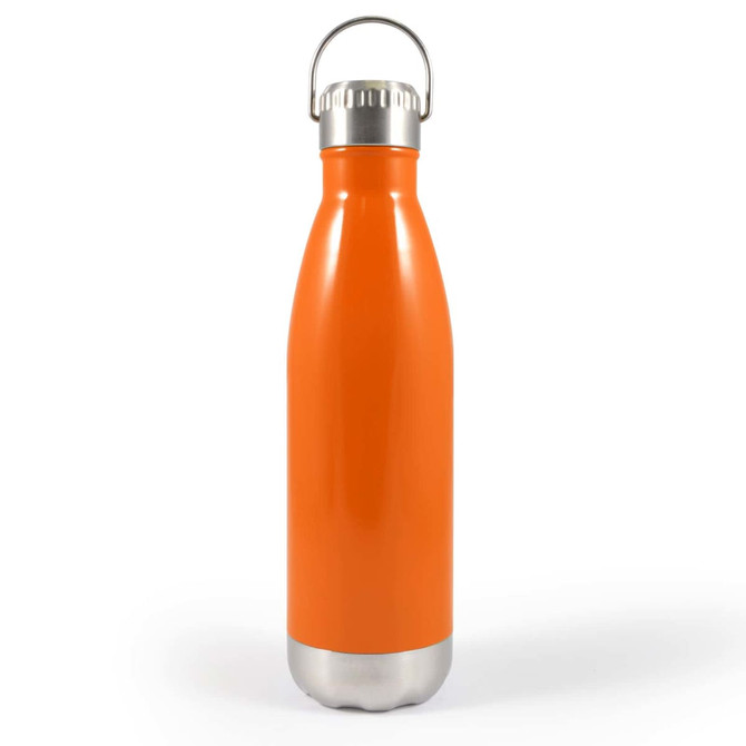A drink bottle with a silver base and bright orange body, featuring a hanger lid and a metal handle.