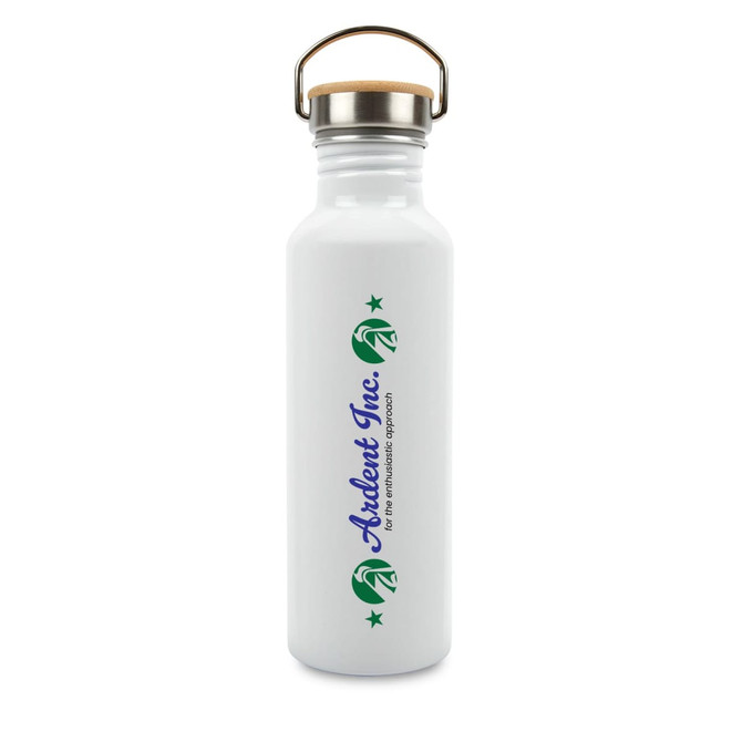 A drink bottle made of recycled aluminium in white, featuring a stainless steel lid and a wooden handle.