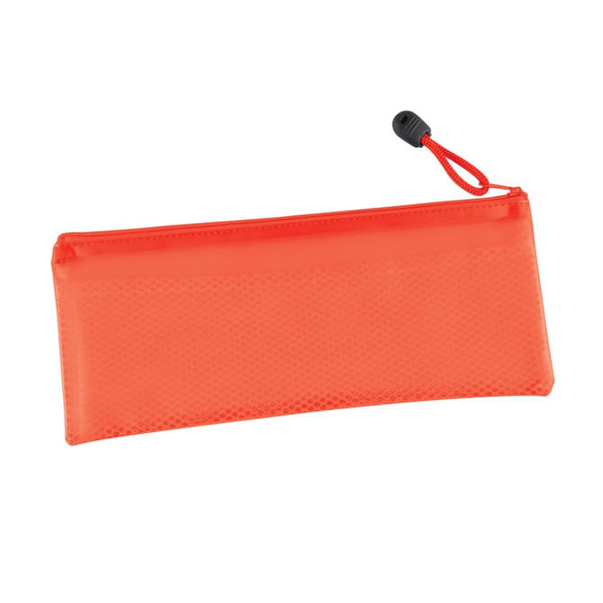 A bright orange pencil case with a textured finish and a zip closure, featuring a black drawstring toggle.