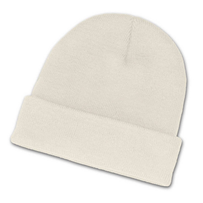A white beanie with a rolled cuff design.