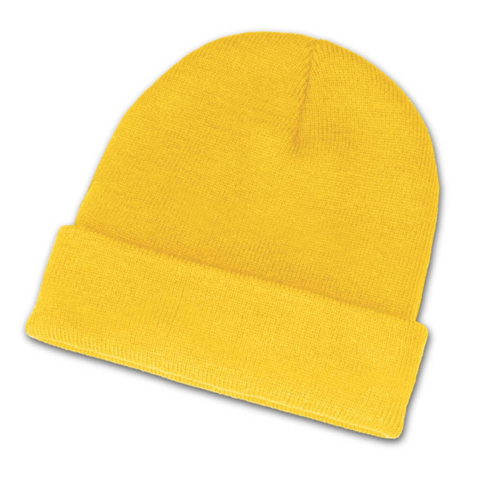 A bright yellow beanie hat with a folded cuff.