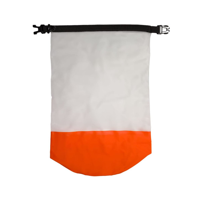 A waterproof bag featuring a clear upper section and an orange lower section, secured with a black buckle closure.