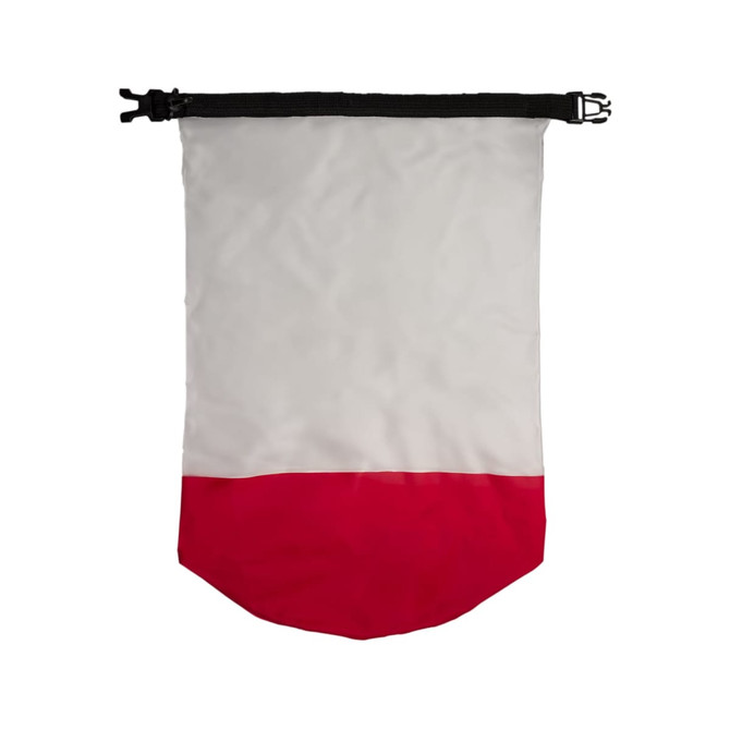 A waterproof bag featuring a white upper section and a red bottom, equipped with a secure closure and a logo.