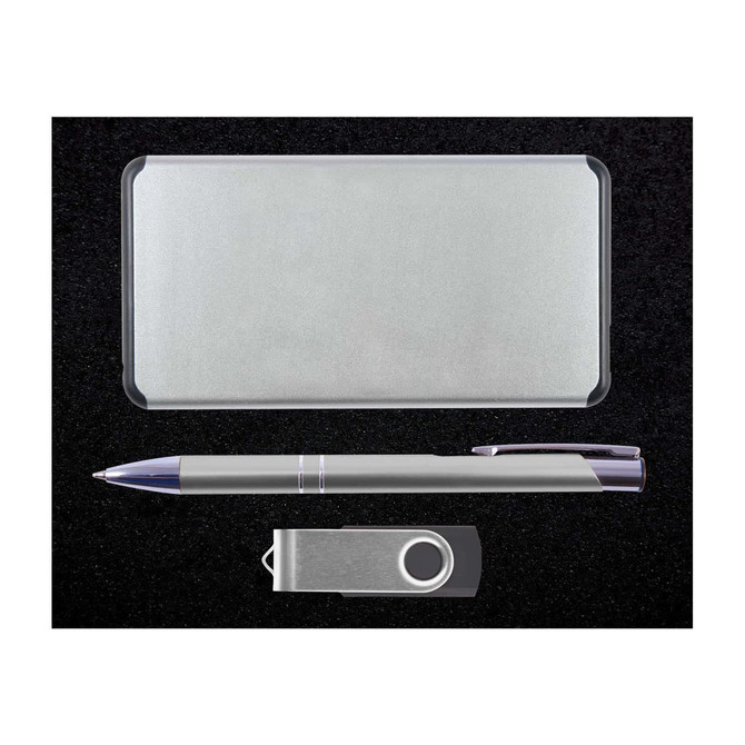 A sleek silver gift set featuring a metal pen, a USB flash drive, and a cardholder.