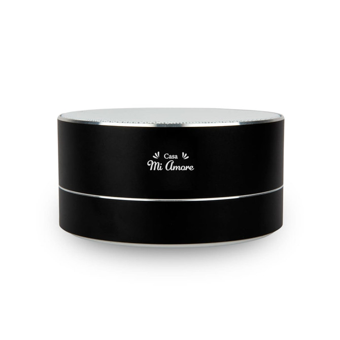 A black espresso coffee cup with a glossy finish and a silver band, featuring a logo.