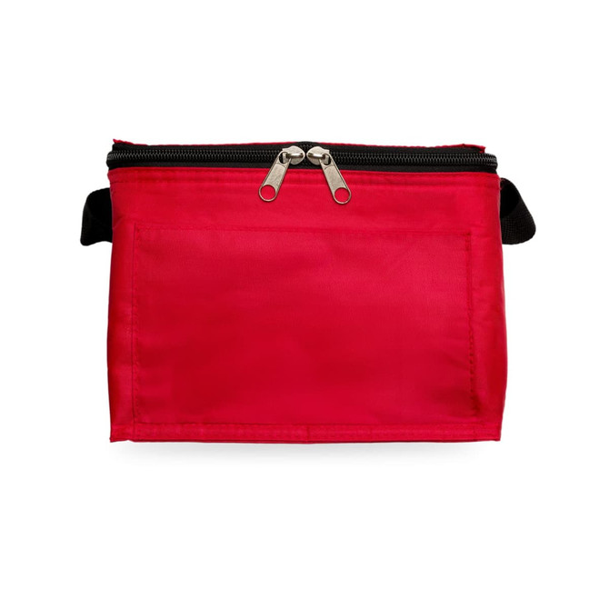 A red zippered bag with a black strap, featuring a smooth exterior and a simple design.