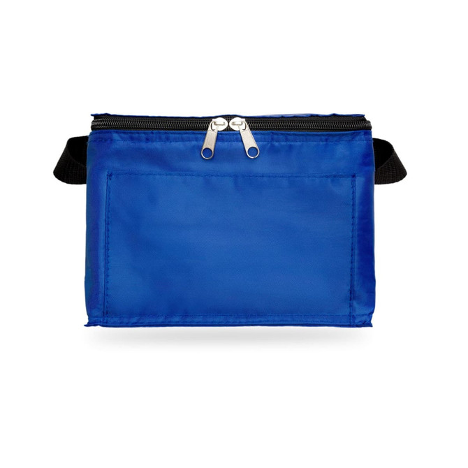 A blue zippered pouch with a handle, featuring a plain front for branding or personalisation.