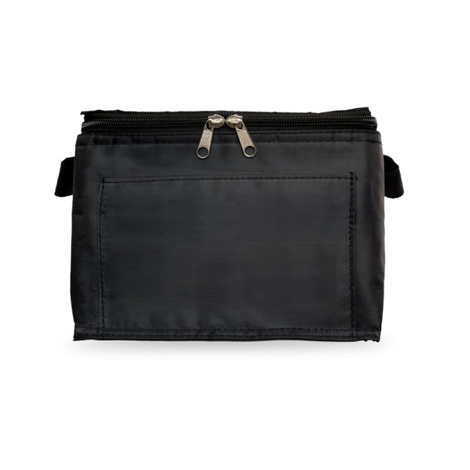 A black zippered bag with a flat surface and a front pocket, suitable for holding small items.