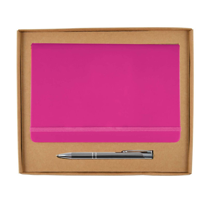 A pink notebook and a silver pen packaged together in a cardboard gift set.