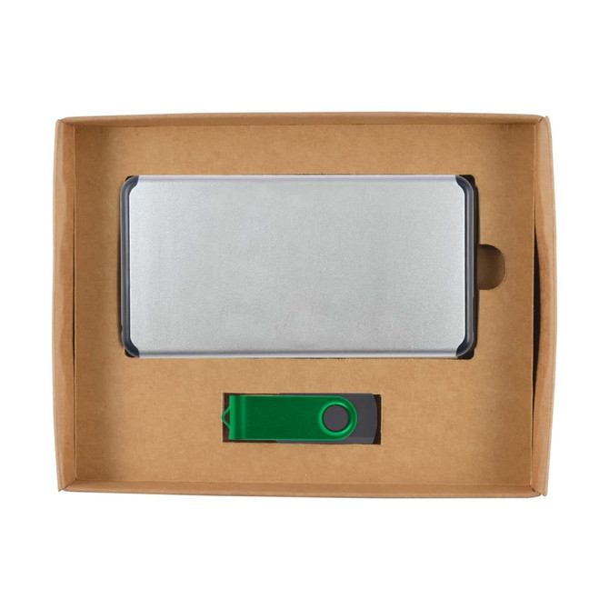 A silver power bank and a green USB drive inside a brown cardboard gift box. The box has a logo.