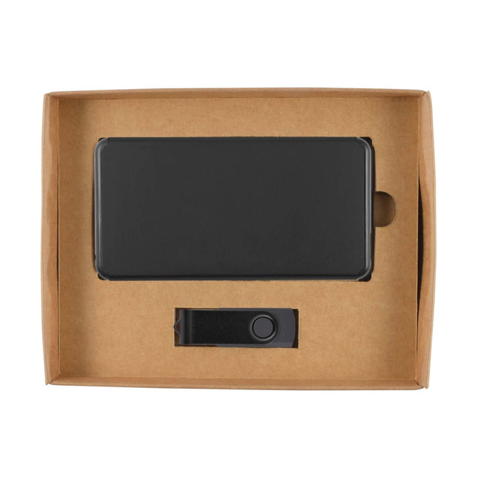 A black power bank with a button, presented in a brown cardboard gift box. The box is open, showcasing the product inside.