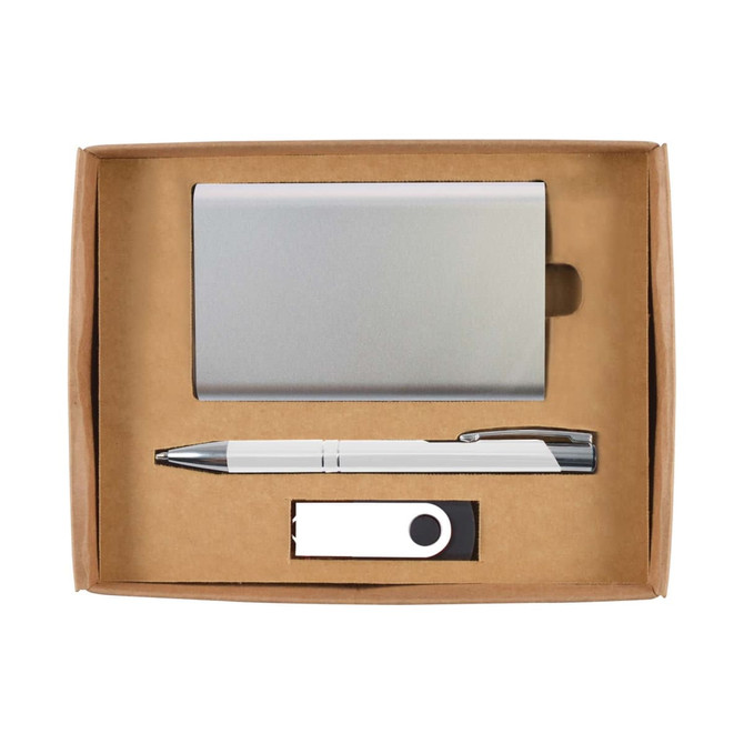 A cardboard gift set featuring a silver business card holder, a silver pen, and a white USB drive.