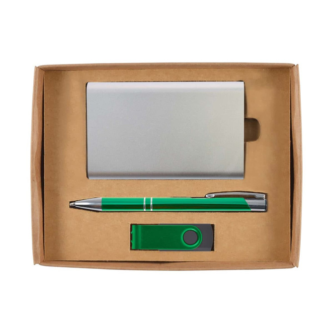 A cardboard gift set containing a silver card holder, green pen, and green USB drive.