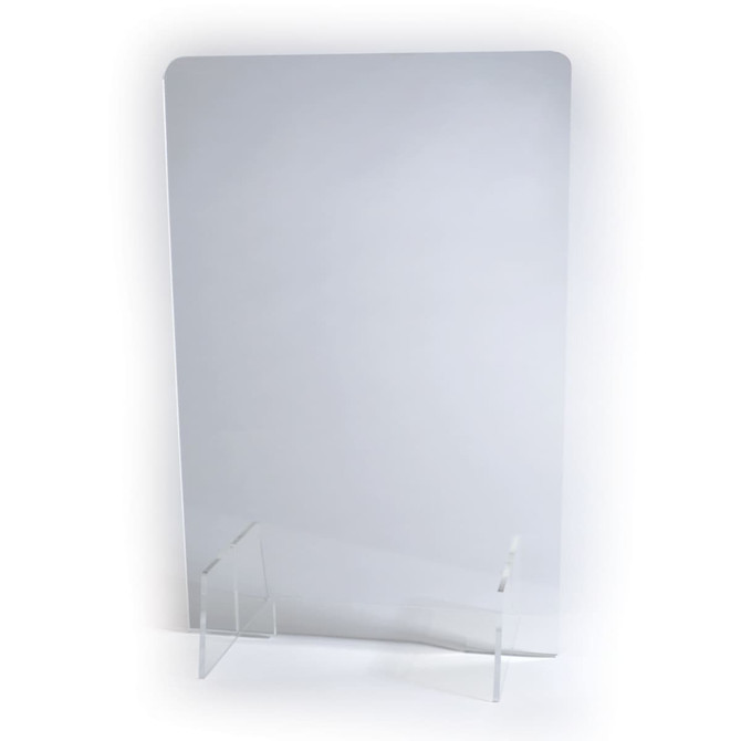 A clear personal protection screen with a sturdy base for stability.