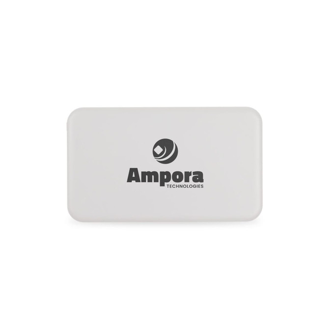 A white power bank featuring a logo, designed for charging devices on the go.