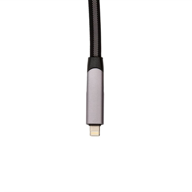A charging cable with a sleek, metallic connector and a braided black exterior.