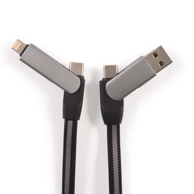 A charging cable featuring a grey design with angled connectors and a braided black exterior.