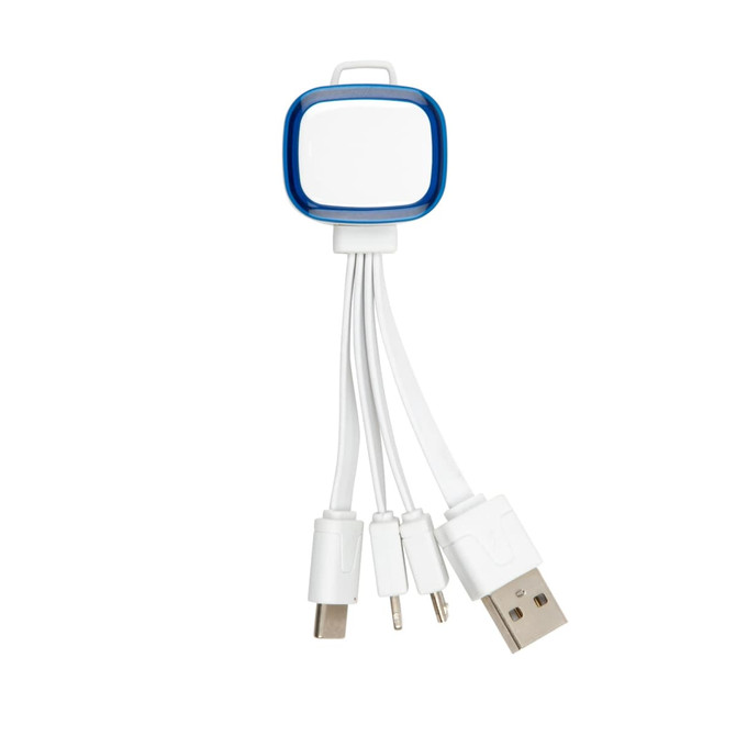 A multi-functional charging cable with three connectors, featuring a blue and white design. It includes a USB port.