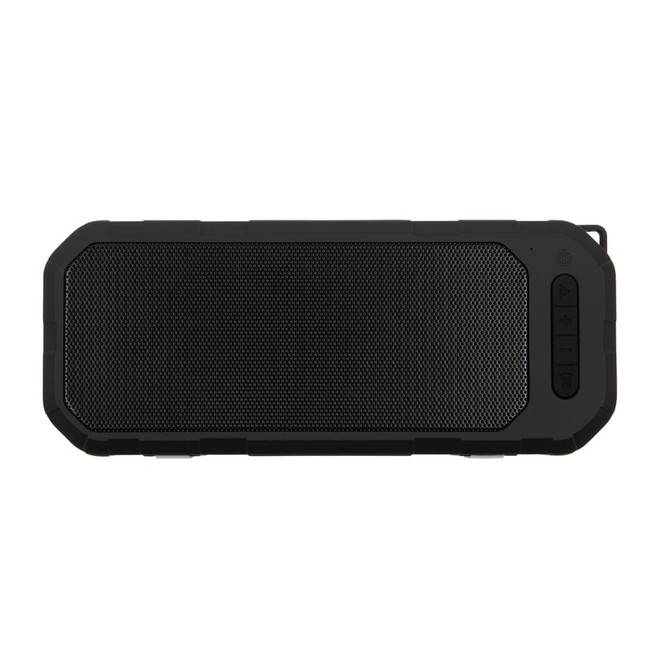 A water-resistant speaker featuring a robust design with a mesh front and control buttons on one side.