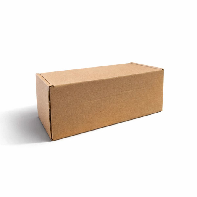 A plain brown cardboard box with flaps, viewed from the side.