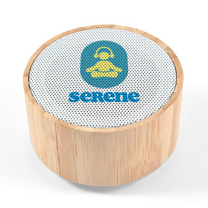 A bamboo Bluetooth speaker with a round shape and a mesh top featuring a logo.