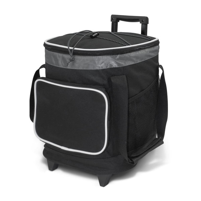 A black cooler trolley with a grey trim, featuring a retractable handle and side pockets.