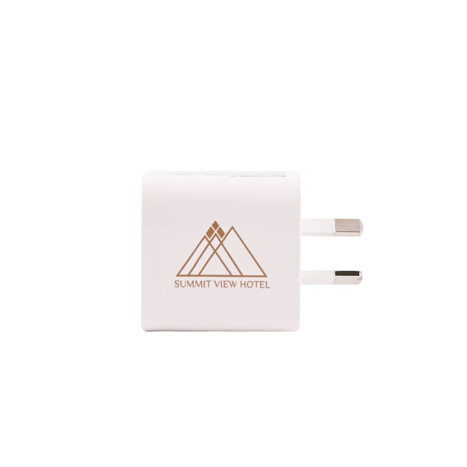 A wall charger designed for travel, featuring a white body with the logo "SUMMIT VIEW HOTEL" and a mountain graphic.